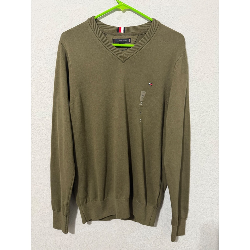 Tommy‎ Hilfiger Mens Sweater M Olive Green V-Neck 100% Cotton Preppy Minimalist